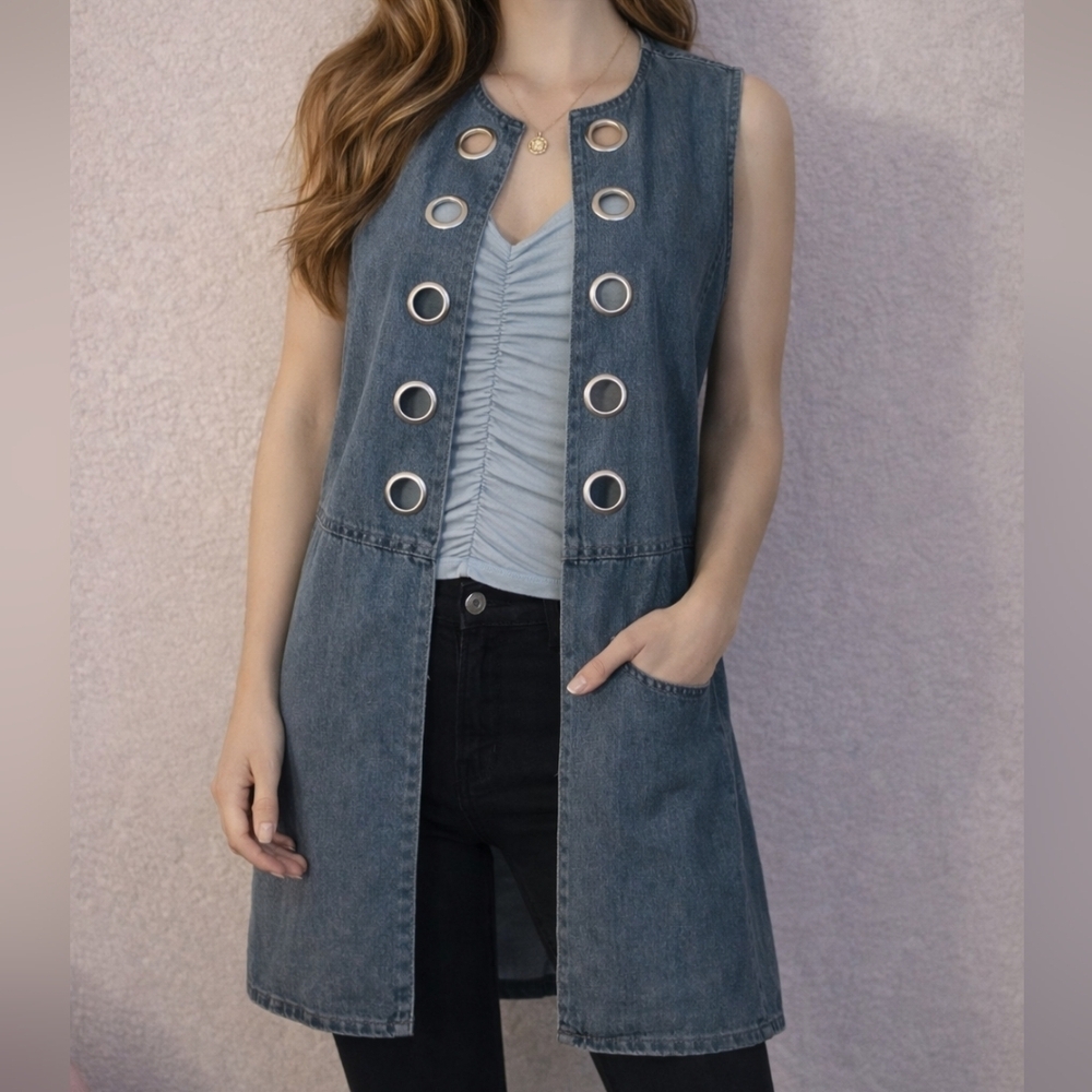 VTG DOR DOR COUTURE Denim Chambray Grommet Topper Vest Small